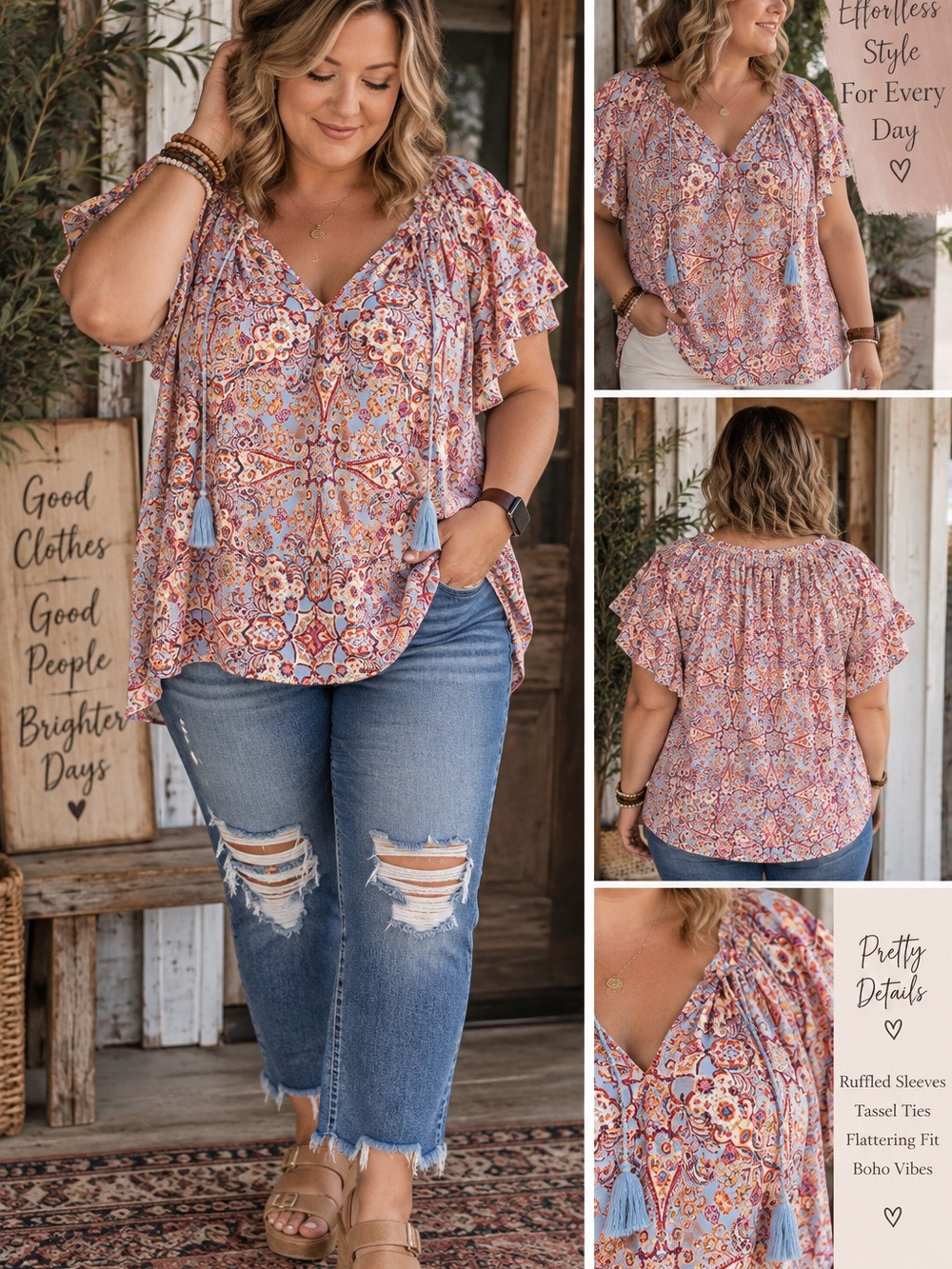 Rose & Olive Pink Multi Floral Tassel V-Neck Blouse